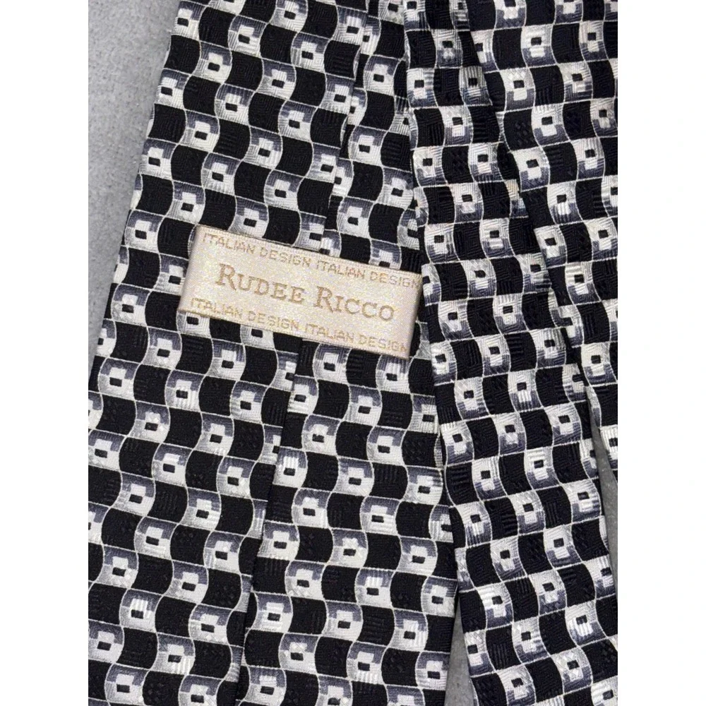 Rudee Ricco‎ Mens Necktie Silk Black White Geometric Italian Design